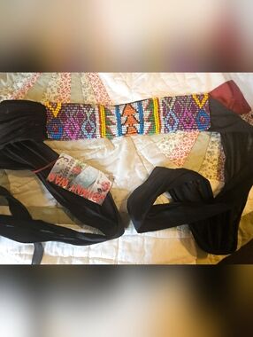 Johnny Was Black Tie Belt with Multicolor Beaded Panel